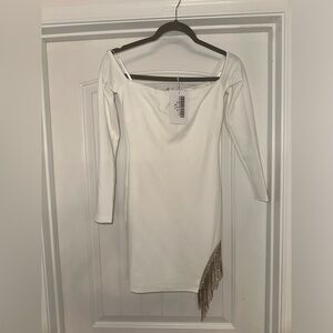 Off the shoulder white fringe dress. NWT Selfie Leslie